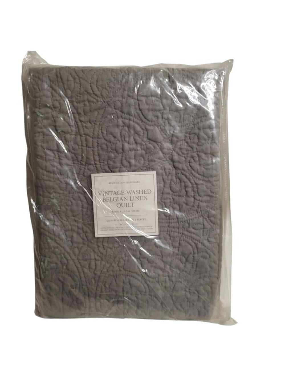 Restoration Hardware Vintage Washed Belgian Linen Quilted King Pillow Sham Fog
